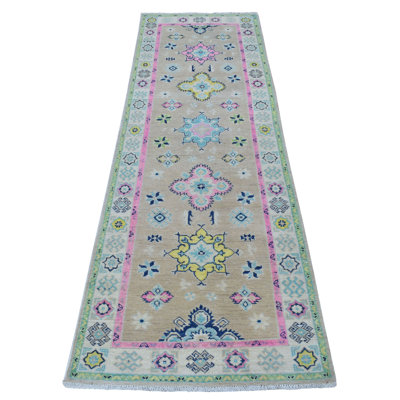 Tapis de couloir unique noué à la main style Kazak vert et brun nouvel âge 2 pi 6 po x 8 pi Breithaupt