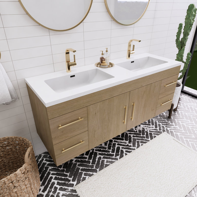 Ensemble de meuble-lavabo double 60 po Tenshi, Chêne blanc