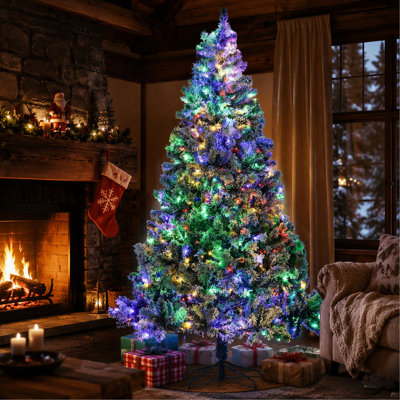7.5 FT Tall Prelit Artificial Christmas Tree with 1149 Snow Flocked Branches and 550 Warm White or Colorful LED Lights, Steel Base for Holiday Decor