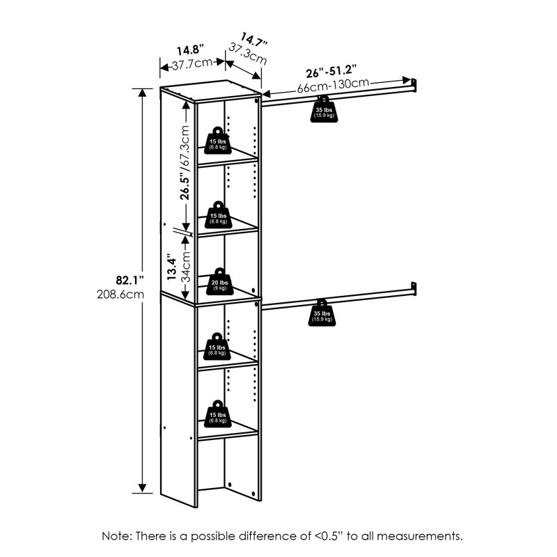 Furinno Fano Clothing & Closet Storage Organizer Shelf Tower with 2 Hanging Bars, White