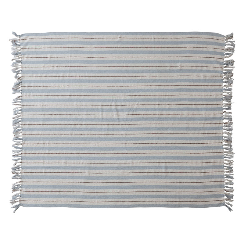 Woven Cotton Blend Striped Throw With Fringe