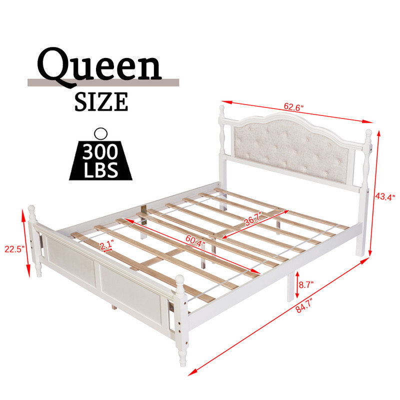 Dorwin Queen size solid wood bed with upholstered headboard and footboard, White
