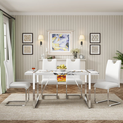 de salle à manger moderne avec table rectangulaire et 4 chaises en cuir d'unité centrale, parfait pour la cuisine ou la salle à manger, blanc