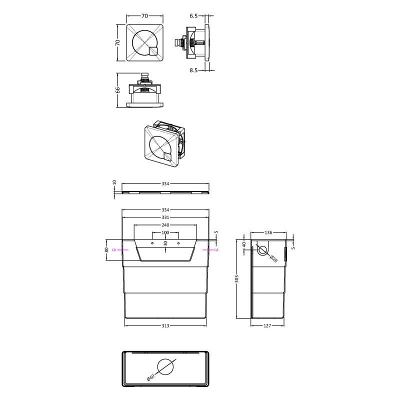 Universal Access Cistern & Chrome Square Flush Plate, Chrome