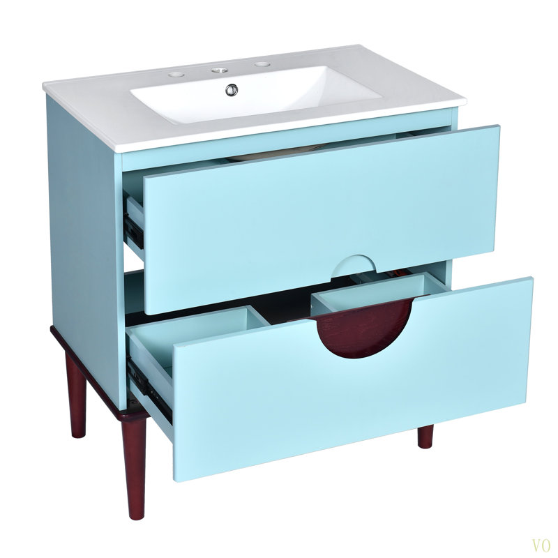 Ensemble de meuble-lavabo 30 po avec lavabo en céramique, meuble de rangement moderne à 2 tiroirs avec cadre en bois massif