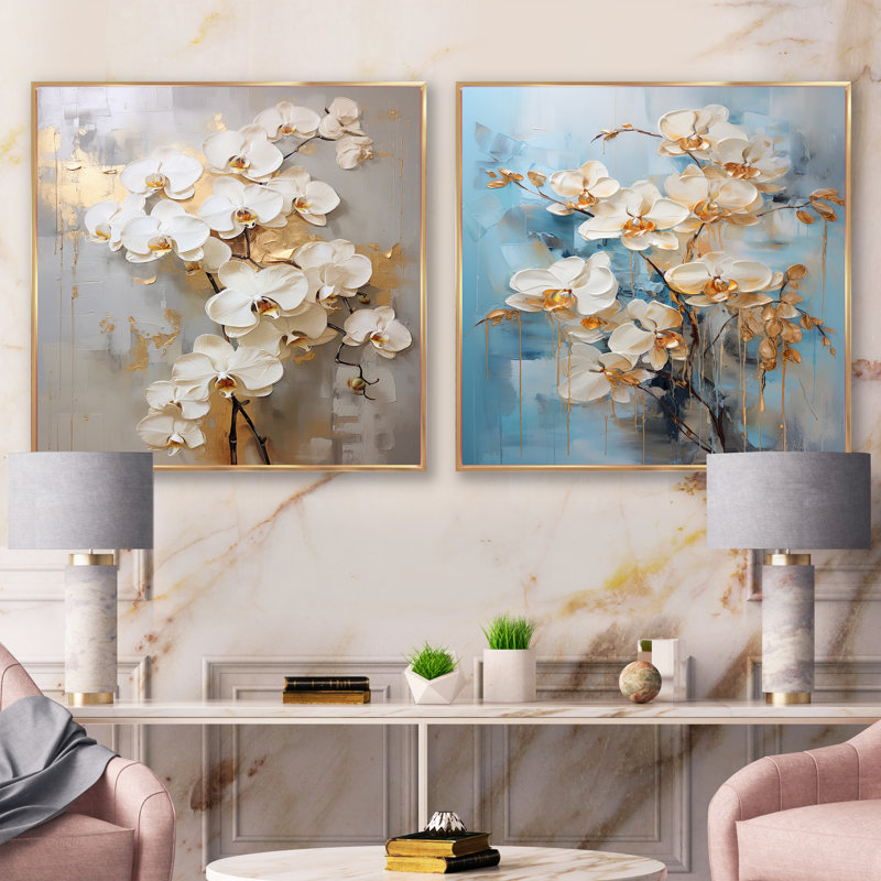 Minimalisme - Orchidées beiges et dorées - ensemble de 2 orchidées carrées, Cadre flottant doré, H 16 po x l 33 po