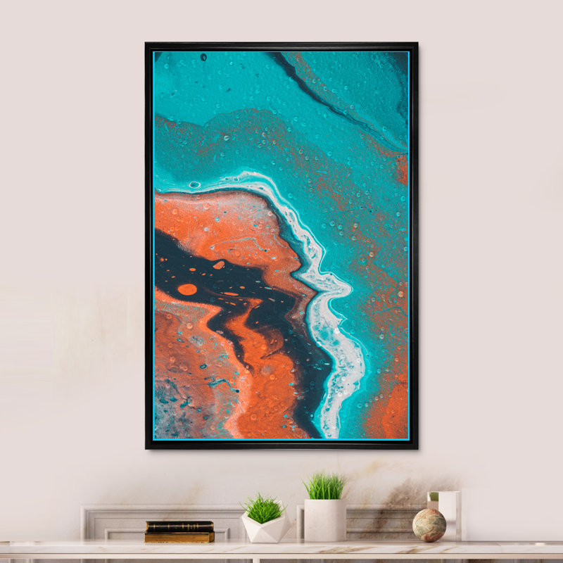 Orange orange, bleu et marbre blanc - Décoration murale moderne et contemporaine sur toile, H 32 po x l 16 po x P 1 po