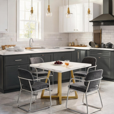 Table de salle à manger carrée avec plateau en panneau de fibres à densité moyenne blanc et structure en acier doré, 4 à 6 places pour la cuisine ou le bureau