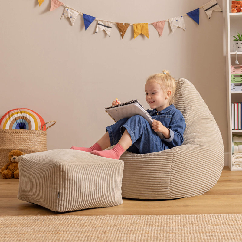 Kids Dalton Corduroy Recliner Bean Bag and Square Footstool, Beige