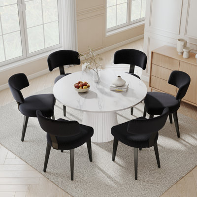47" Round Dining Table Set For 4-6, Modern Kitchen Dining Set With Boucle Teddy Fleece Upholstered Chairs, Curved Backrest Wide Cushion, Easy Assembly Luxury Dining Furniture For Small Space, Apartment, Breakfast Nook