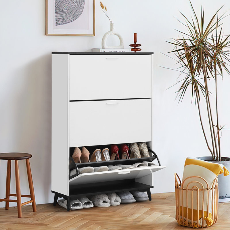 Modern White Shoe Storage Cabinet with 3 Flip Drawers, Slim Wooden Shoe Organizer, Space-Saving Entryway Cabinet for Hallways, Closets, Apartments, Easy to Assemble