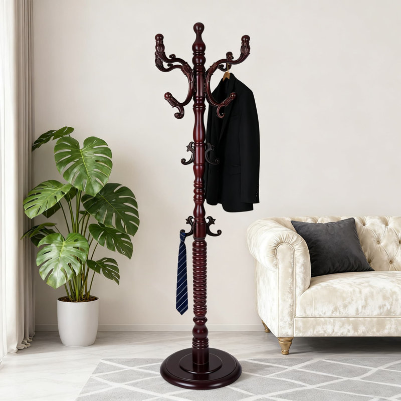 Freestanding Coat Rack With 18 Hooks, Solid Wood Standing Coat & Hat Rack With Heavy-Duty Round Base For Entryway, Hallway, Bedroom, And Office