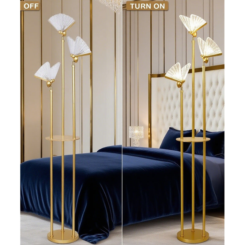 Lampe sur pied moderne avec tablettes et lumières papillon réglables à DEL, lampe sur pied avec table pour le salon, coin chambre à coucher