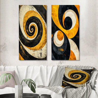«Yellow and Black Spiraling Opulence I», ensemble de 2 reproductions d'art murales contemporaines en métal
