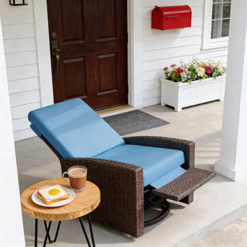 Rattan Chair,Outdoor Swivel Recliner Chair, Sky Blue Cushion/Brown Frame