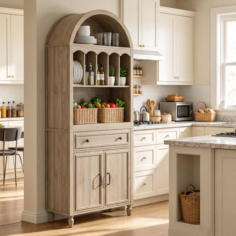 Armoire de cuisine cintrée de 76,2 pouces de haut avec vaisselier, tiroir et portes, Light Oak