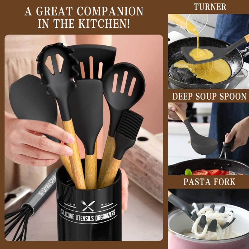 Ensemble d'ustensiles de cuisine Chef 33 pièces, ensemble de spatules antiadhésives en silicone avec support,, Noir