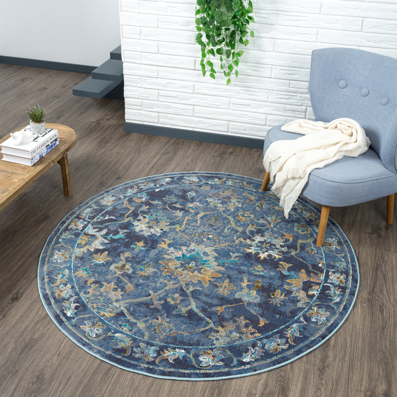 Madrid Blue/Gray/Gold Floral Traditional Indoor Performance Area Rug, Round 7'6"