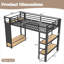 Structure de lit mezzanine en métal et en panneau de fibres à densité moyenne pour dortoir pour petite chambre à coucher, lit simple TG noir tout-en-un avec rangement intégré et espace de présentation flexible