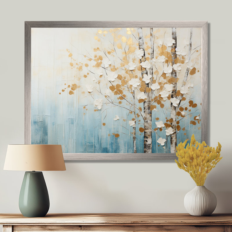 Minimalisme bleu et forêt dorée I - art mural forêt, H 34 po x l 44 po x P 1,5 po, Cadre flottant noir