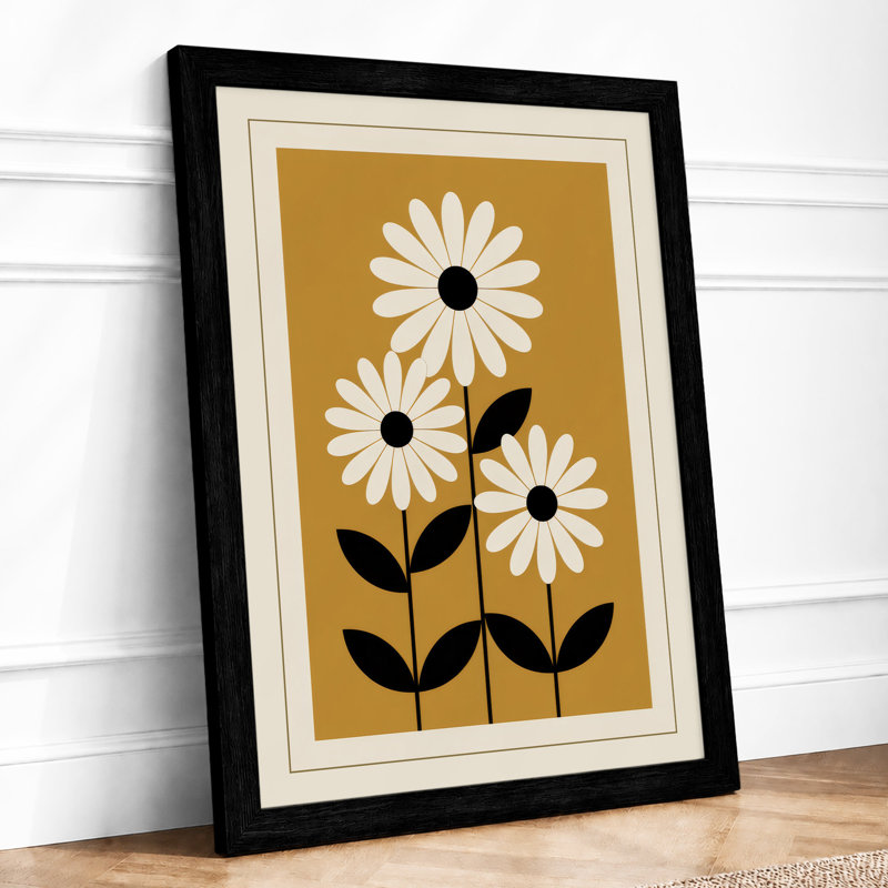 Three Daisies Ascending Retro - Framed Print, A2 - 59.4 x 42.0 cm, Black