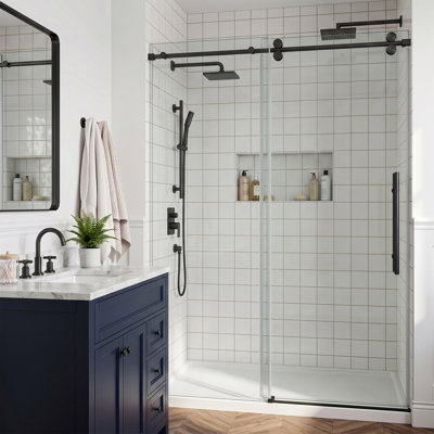 Porte de douche coulissante simple sans cadre, verre trempé de 10 mm (3/8 po) avec pellicule anti-éclats, roulettes silencieuses en acier inoxydable