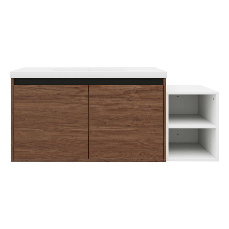 Meuble-lavabo mural modulaire avec lavabo en résine et portes à fermeture douce, Brun ébène, Ne s’applique pas