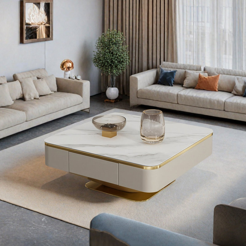 Table basse Italian, Blanc / Gris, H 15,4 po x L 31,5 po x l 31,5 po, Doré