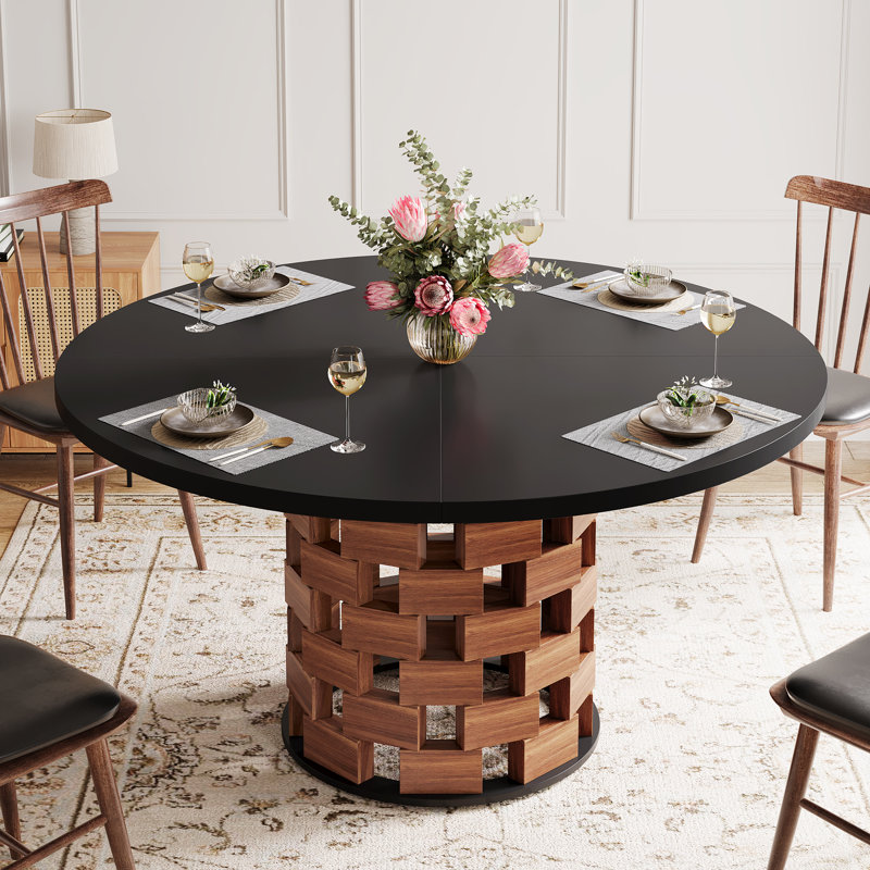 47-Inch Round Farmhouse Circle Kitchen Dining Room Table for 4-6 People Wood Rectangular Block Base