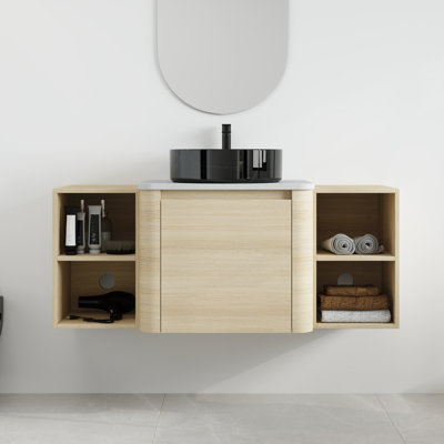 Ensemble de meuble-lavabo simple mural 48 po avec lavabo en céramique et tablettes Greythor, ensemble de meuble-lavabo simple 48 po avec plateau en pierre reconstituée