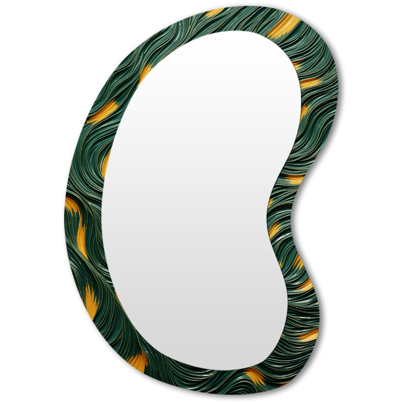 Or et émeraude titre flux - tuile abstraite formes 3D grand miroir mural moderne irrégulier, 31 po x 22 po