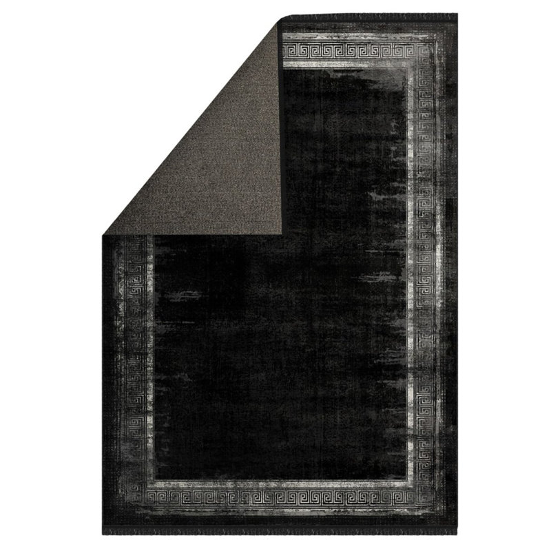 Tapis noir en polyester et coton tissés à la machine à motif abstrait Northrup, Rectangle 5 pi 10 po x 9 pi 2 po