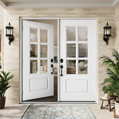 Entry Front Exterior Fiberglass Door 72" x 80"(2 * 36" x 80") Primed White 6-Lite Clear Glass French Door With Jamb,Classic Design & Modern Style & Long-Lasting Use, Left-Hand Inswing (Not Included Hardware Kit)
