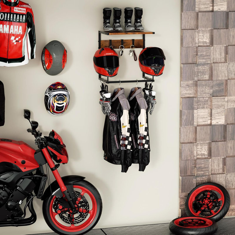 Support mural pour casque de moto, support pour casque avec 2 supports à chapeaux, support de casque pour support mural, rangement pour accessoires de moto pour hommes