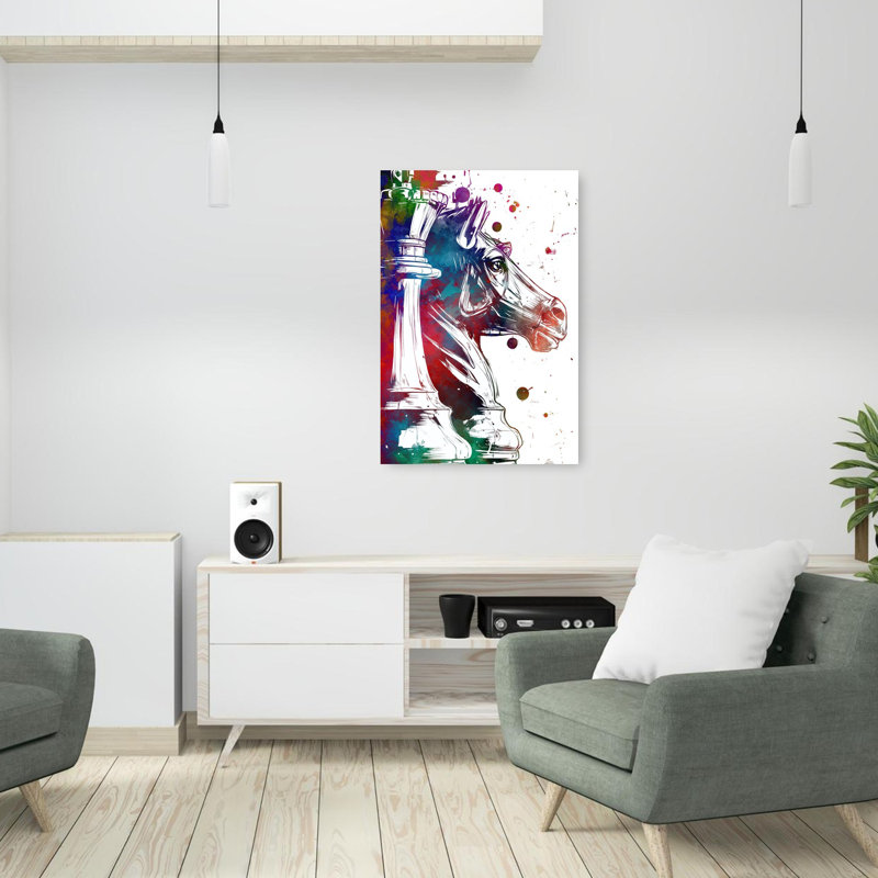 Pièces d'échecs colorées, art moderne abstrait cheval coloré, 36" H x 24" W