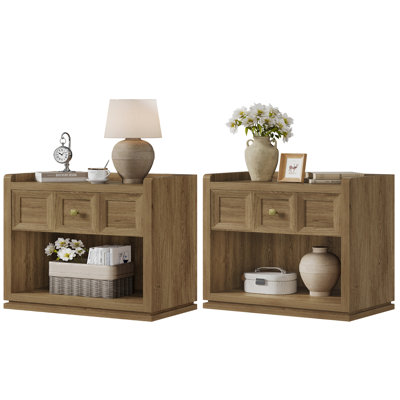 Tables de chevet l 30,7 po Helio avec 1 tiroir et 1 armoire de rangement ouverte