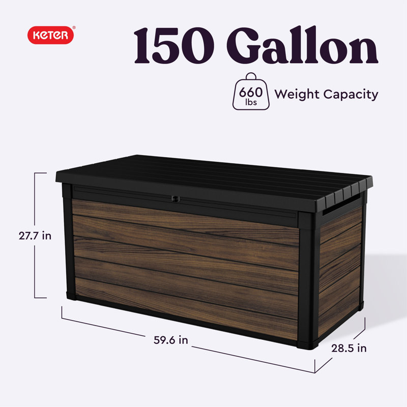 Keter Signature Collection 150 Gallon Durable Resin Outdoor Storage and Organization Deck Box Ideal For Garden Patio Furniture and Supplies, Rosewood