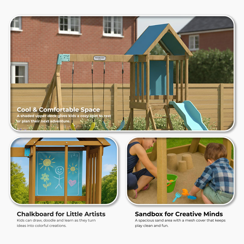 Teamson Kids Wooden Climbing Frame Swing Set with Slide & Chalkboard Sandpit