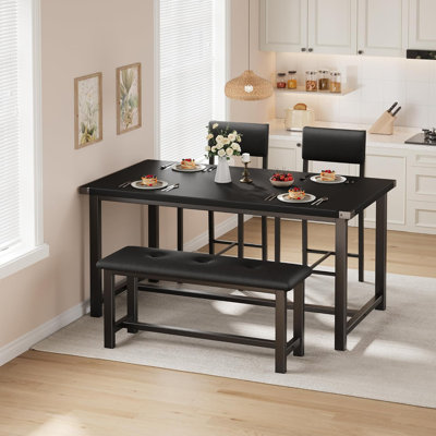 Ensemble de table de salle à manger 4 personnes en bois massif avec chaises et banc rembourrés - Peu encombrant pour les appartements et les petites maisons, facile à assembler
