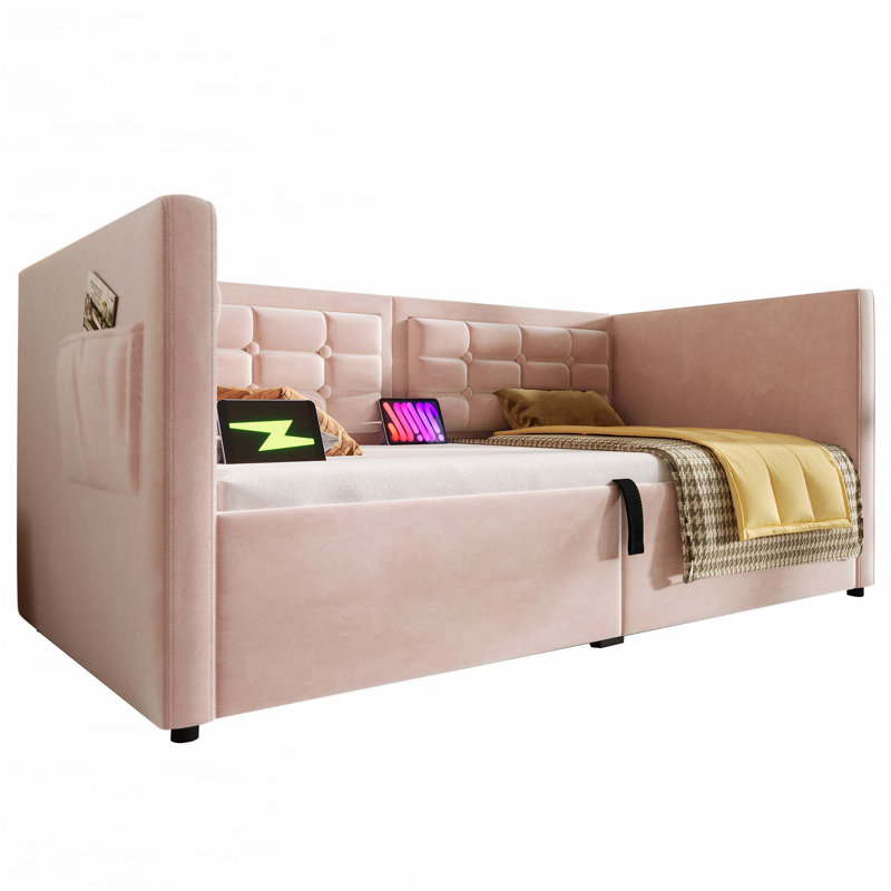 Upholstered Twin Size Daybed, Hydraulic Storage Twin Bed Frame with USB & Type-C Charging (Without Mattress), Pink