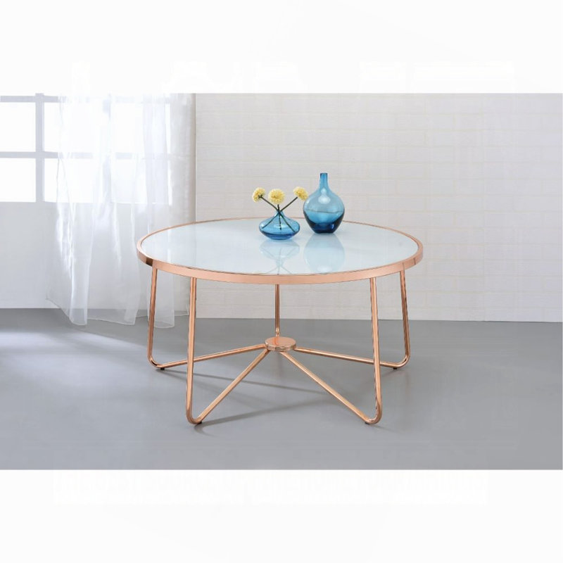 Rose Gold Finish Coffee Table Round Frosted Glass Top Modern Living Room Furniture 1Pc Classy Occasional Table