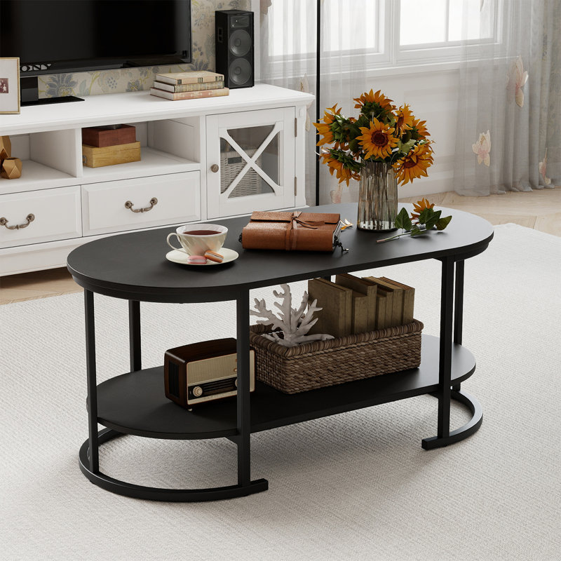 Table d'appoint en bois à 2 niveaux avec tablette de rangement ouverte, Noir, Noir