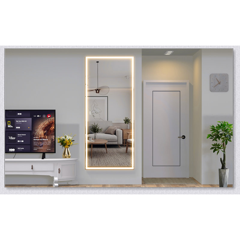 Très grand miroir de salle de bain à DEL avec 3 options de couleur, reflet du corps entier et suspension polyvalente, cadre en aluminium argenté, 84 po x 36 po