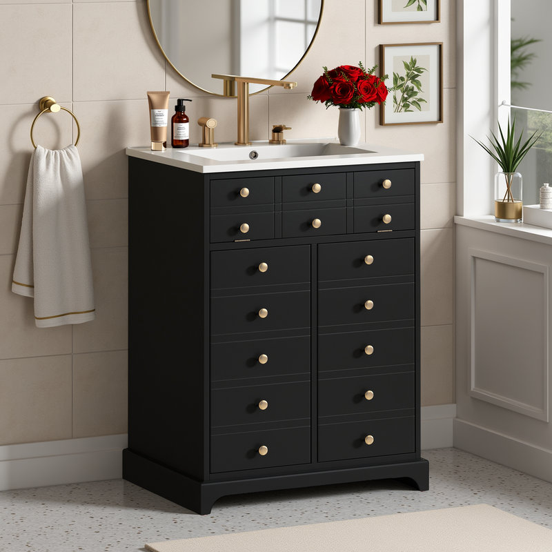 Black 24" Bathroom Vanity with Ceramic Sink, Tip-Out Drawer, and Soft-Close Doors