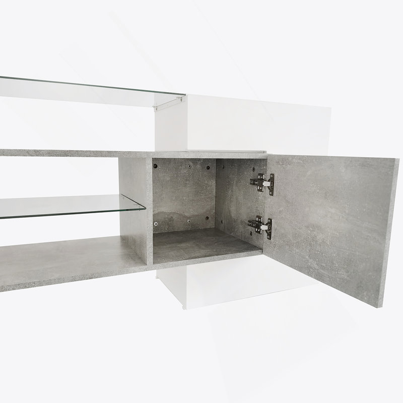 Meuble télé élégant avec tablettes en verre illuminées et lumières DEL, idéal pour les maisons modernes et le rangement multimédia