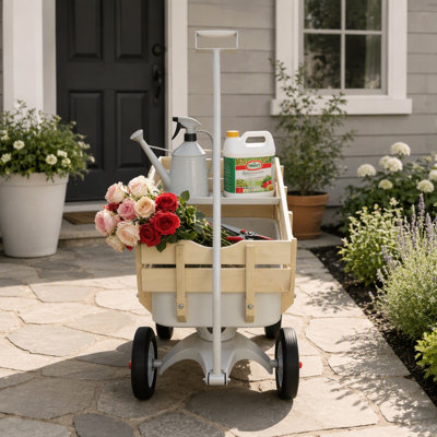 Chariot de jardin tout-terrain avec rampes en bois et pneus solides, capacité de charge élevée pour une utilisation extérieure