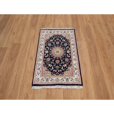 Tapis bleu indigo 2 pi x 3 pi 2 po, laine et soie, 250 KPSI, tapis oriental Nain avec motif de médaillon floral