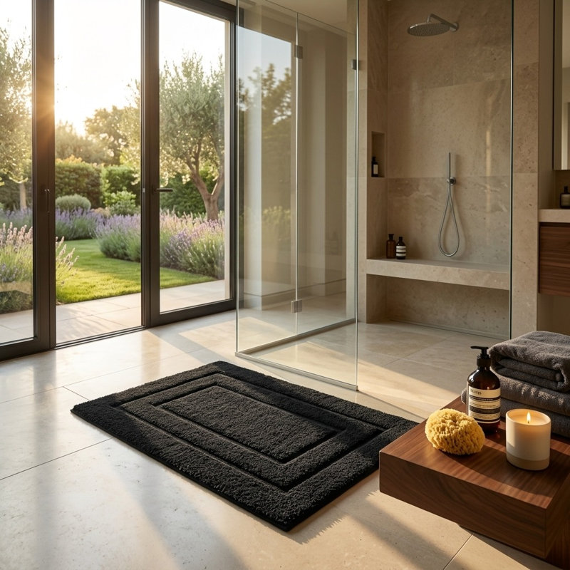 Bath Mat, Black Geometric