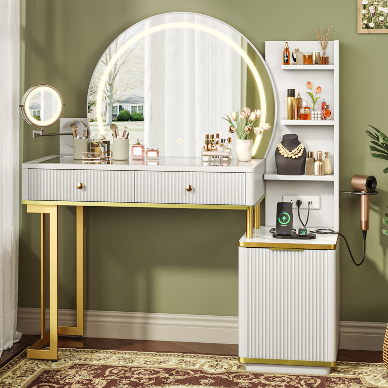  Makeup Vanity Desk With Round Mirror And Lights, 5x Magnifying Makeup Mirror, Dressing Table W/power Outlets, Doorshelves & Adjustable Storage,white