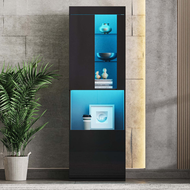 High Gloss Storage Cabinet with LED Lights, Black